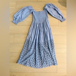 Free people smocked blue maxi eyelet dress blue size small